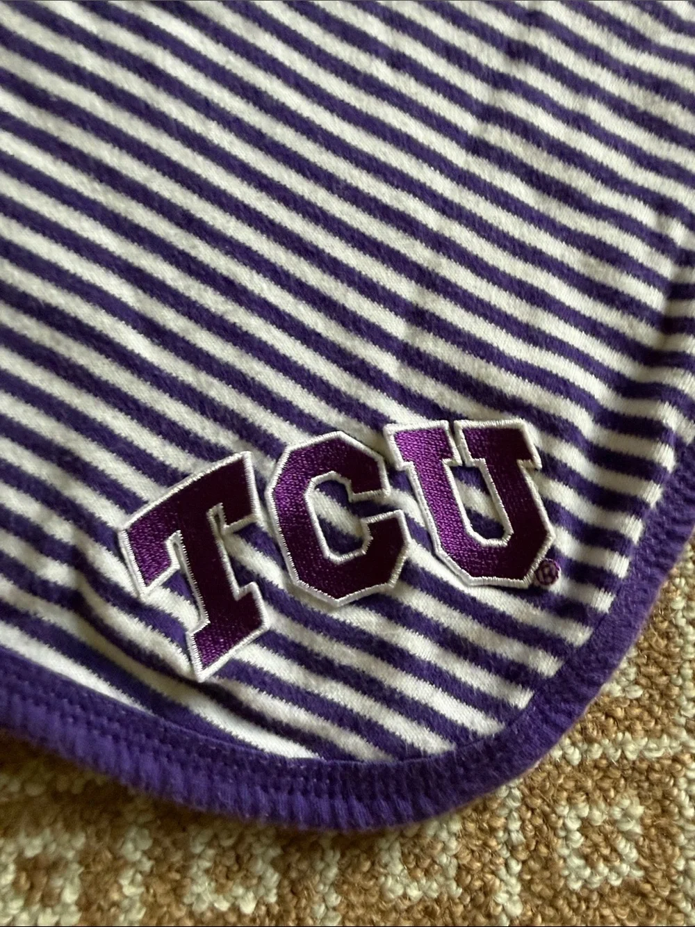 TCU Striped Throw Blanket in Purple. and White with Purple Trim Baby Blanket
